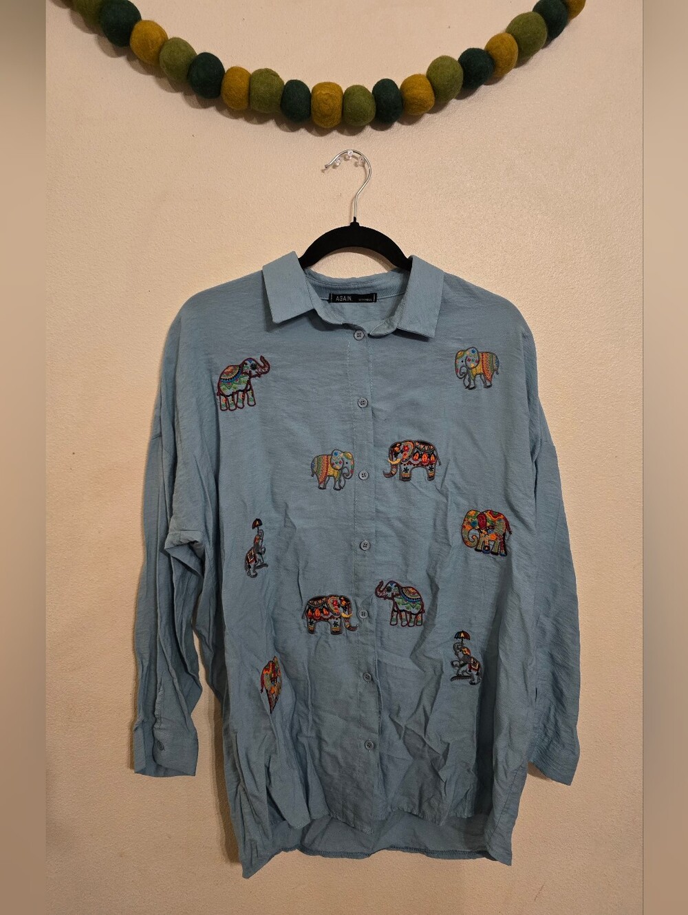 Blue Chambray Long Sleeve Shirt Embroidered Colorful Elephants Vintage 1980s